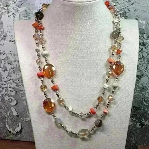 Source Unknown Jewelry - Orange and Silver Glass and Stone Necklace